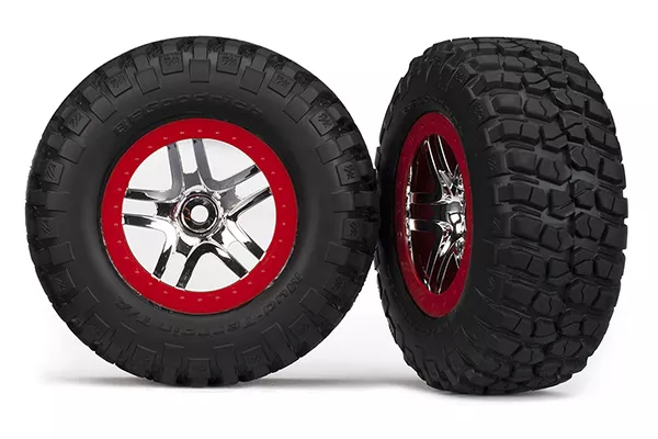 Assembled Tires & Wheels, (S1 Ultra-Soft, Off-Road Racing Compound) (SCT Split-Spoke Chrome, Red Beadlock Style Wheels, BFGoodrich Mud-Terrain™ T/A KM2 Tires) (2) (2WD Front)