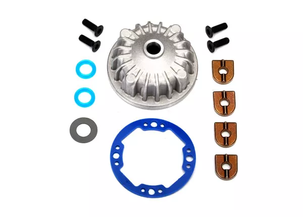 Center Differential Housing, Aluminum/ X-Ring Gaskets (2)/ Ring Gear Gasket/ Bushings (2)/ 5x10x0.5mm PTFE-Coated Washers (2)/ 2.5x8 CCS (4)