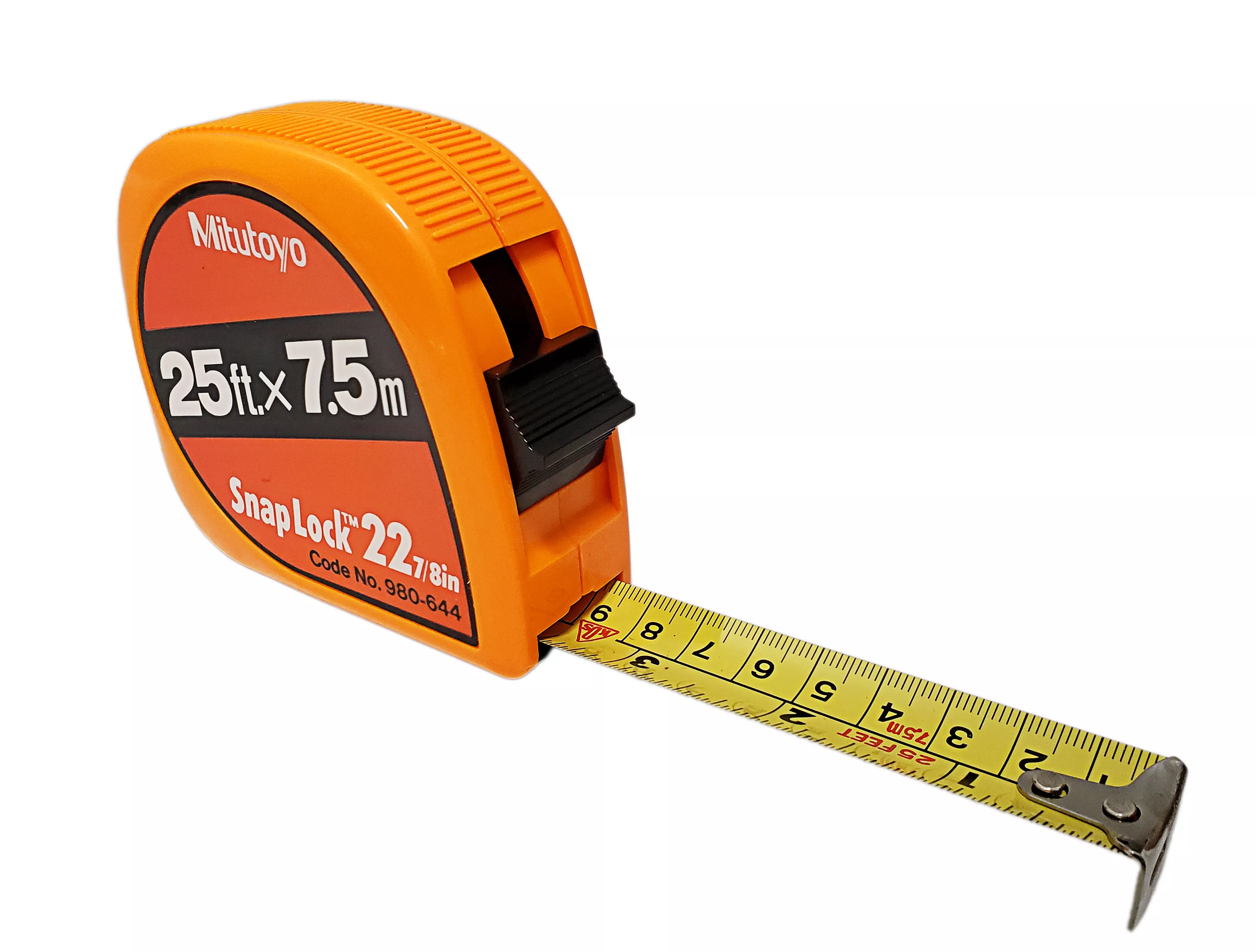 Mitutoyo 25 Ft. / 7.5m Tape Measure with Snap Lock - Orange Plastic (7/8" width)
