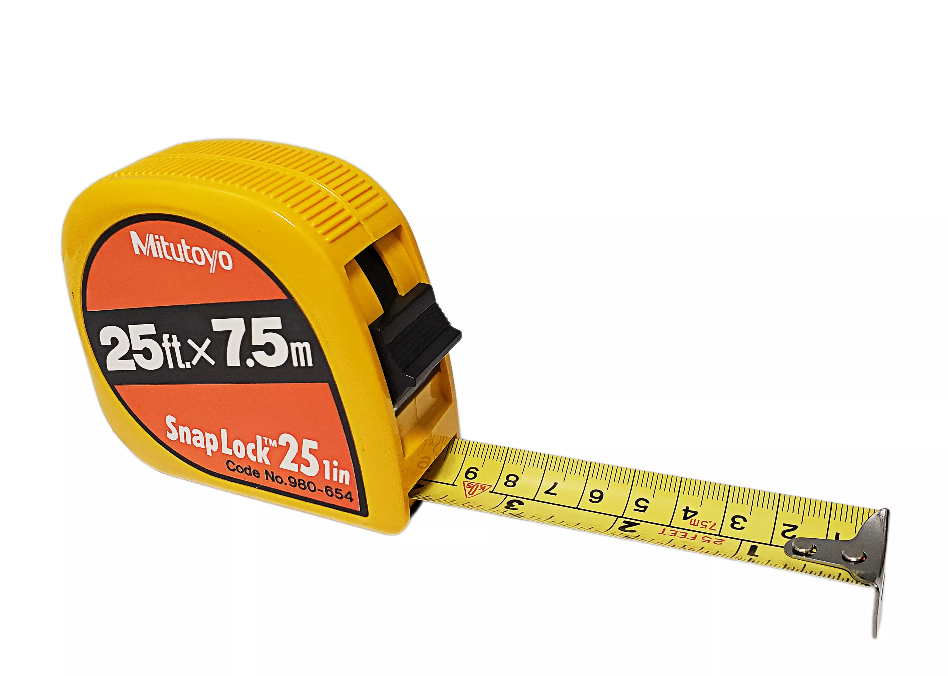 Mitutoyo 25 Ft. / 7.5m Tape Measure with Snap Lock - Yellow Plastic (1" width)