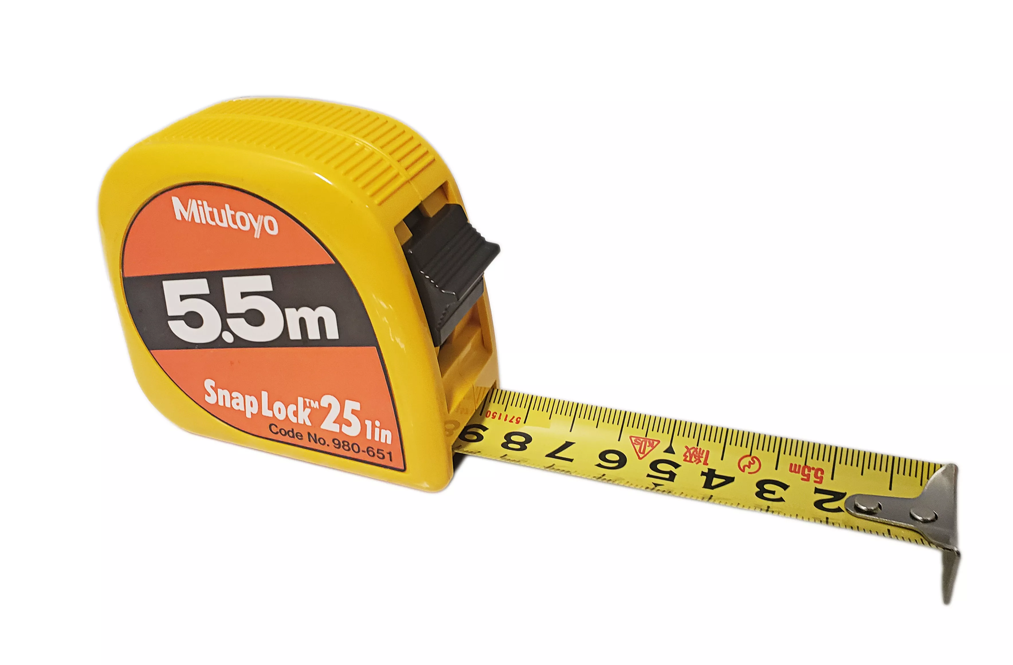 Mitutoyo 5.5m Metric Tape Measure with Snap Lock - Yellow Plastic (1" width)