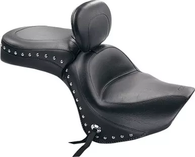 Mustang Seat - Wide Touring - With Driver Backrest - One-Piece - Chrome Studded - Black W/Conchos