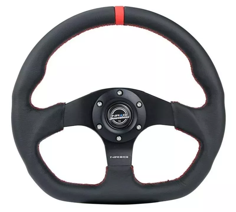 NRG Reinforced Steering Wheel (320mm) Sport Leather Flat Bottom with Red Center Mark / Red Stitching
