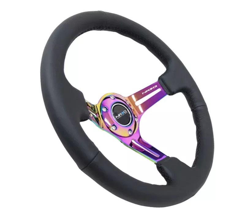 NRG Reinforced Steering Wheel (350mm / 3in. Deep) Black Leather/Black Stitch w/Neochrome Slits