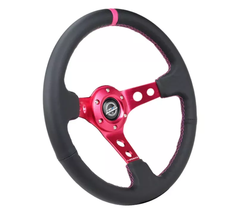 NRG Reinforced Steering Wheel (350mm / 3in. Deep) Black Leather / Fushia Center Mark / Fushia Stitching