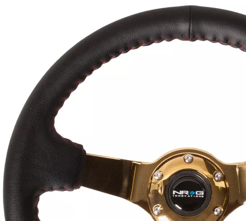 NRG Reinforced Steering Wheel (350mm / 3in. Deep) Black Leather/Red Baseball Stitch w/4mm Gold Spokes