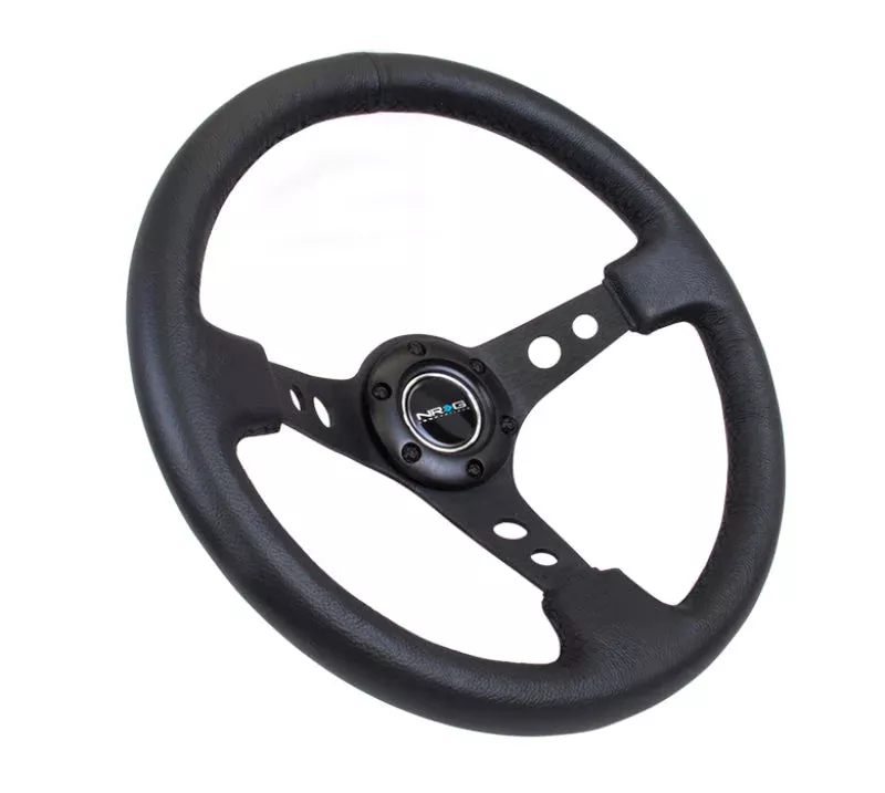 NRG Reinforced Steering Wheel (350mm / 3in. Deep) Black Leather w/Black Spoke & Circle Cutouts