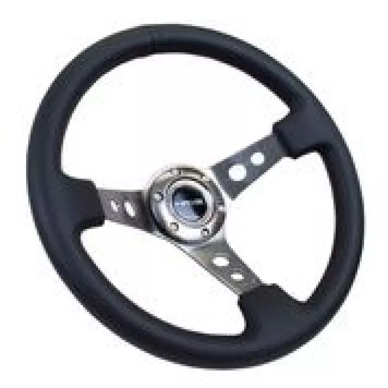 NRG Reinforced Steering Wheel (350mm / 3in. Deep) Black Leather w/Gunmetal Circle Cutout Spokes