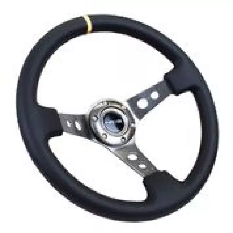 NRG Reinforced Steering Wheel (350mm / 3in. Deep) Black Leather w/Gunmetal Cutout Spoke & Yellow CM
