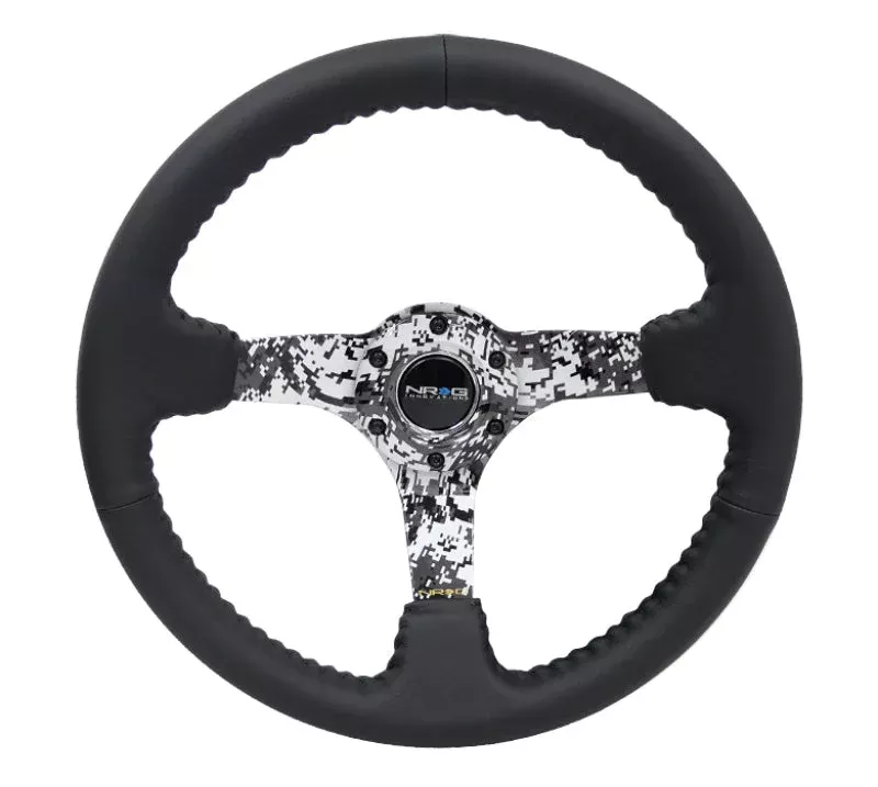 NRG Reinforced Steering Wheel (350mm / 3in. Deep) Black Leather w/Hydrodipped Digi-Camo Spokes