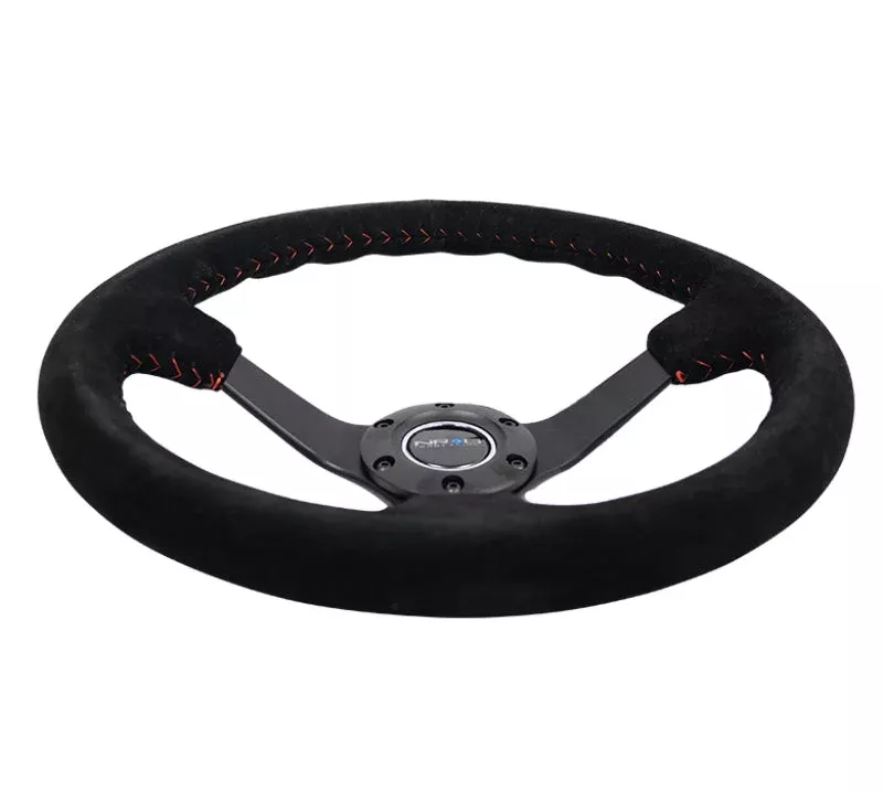 NRG Reinforced Steering Wheel (350mm / 3in. Deep) Black Suede/Red Baseball Stitch w/5mm Matte Black Spokes