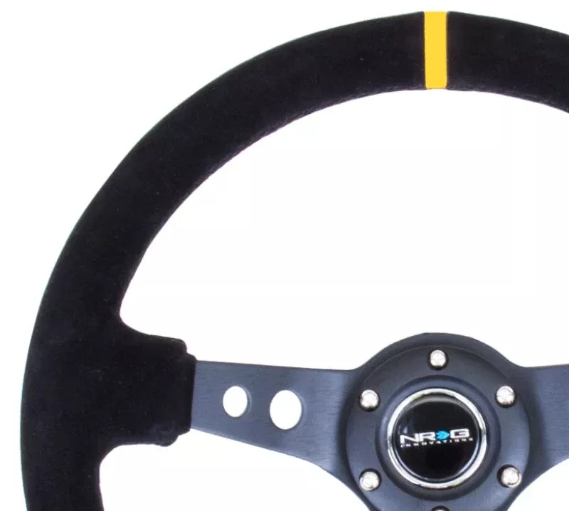 NRG Reinforced Steering Wheel (350mm / 3in. Deep) Black Suede w/Circle Cut Spokes & Single Yellow CM