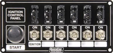 QuickCar Ignition Panel Black 6 Toggle Switches 1 Start Button Fused 6-7/8 x 3-1/4 50-863