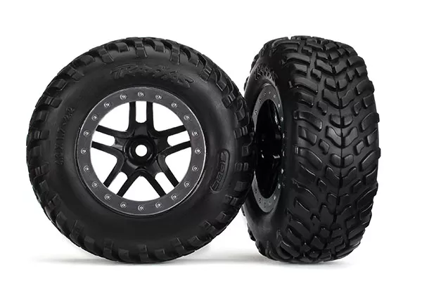 SCT Off-Road Racing Tires on Black SCT Split Spoke, Satin Chrome Beadlock Style Wheels (4WD F/R, 2WD Rear) (TSM Rated)