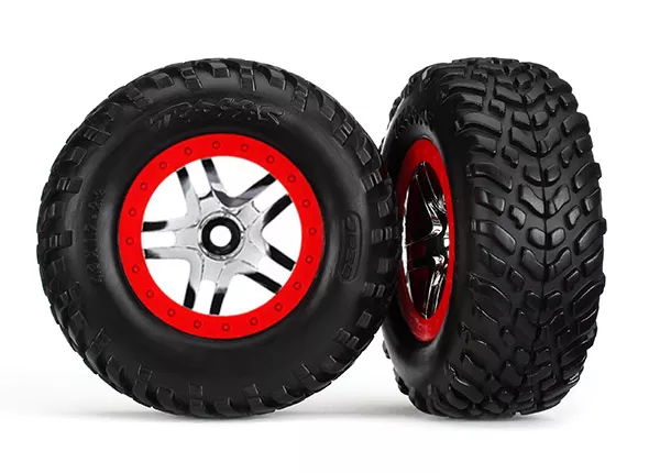 SCT Off-Road Racing Tires on SCT Split-Spoke Chrome, Red Beadlock Style Wheels, Dual Profile (2.2" Outer, 3.0" Inner)