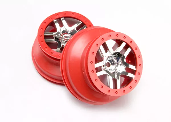 SCT Split-Spoke Wheels, Chrome, Dual Profile (2.2" Outer, 3.0" Inner) (2WD Front) (2) Red or Black Beadlock Style