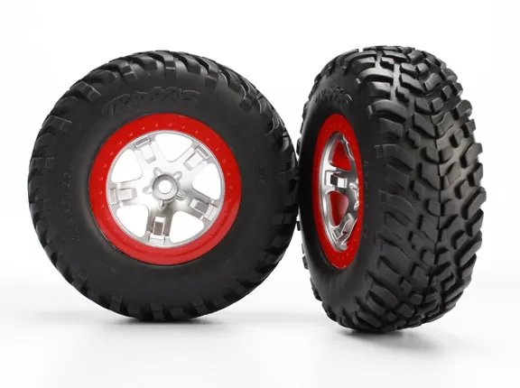 Tires & Wheels, Assembled, Glued (SCT Satin Chrome Red Beadlock Wheels, Ultra-Soft S1 Compound Off-Road Racing Tires, Inserts) (2) (2WD Rear, 4WD F/R)