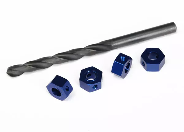 Wheel Adapters, 12mm Hex, 6061-T6 Aluminum (Blue-Anodized) (4)/ Screw Pins (4)/ .25″ Drill Bit