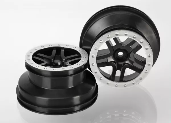 Wheels, SCT Split-Spoke, Black, Beadlock Style, Dual Profile (2.2" Outer, 3" Inner) (2) (2WD Front) - Satin Chrome or Blue