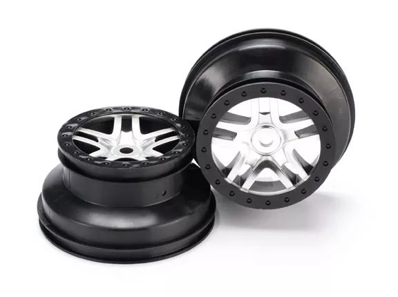 Wheels, SCT Split-Spoke, Satin Chrome, Black Beadlock Style, Dual Profile (2.2" Outer, 3.0" Inner) (Front/Rear) (2)